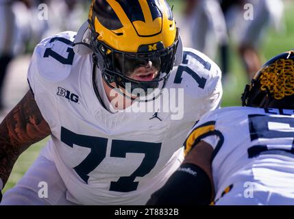 College Park, USA. 18th Nov, 2023. COLLEGE PARK, MD - NOVEMBER 18: Michigan Wolverines offensive lineman Trevor Keegan (77) before a Big Ten football game between the Maryland Terrapins and the Michigan Wolverines, on November 18, 2023, at SECU Field, in College Park, Maryland. (Photo by Tony Quinn/SipaUSA) Credit: Sipa USA/Alamy Live News Stock Photo