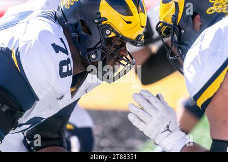 College Park, USA. 18th Nov, 2023. COLLEGE PARK, MD - NOVEMBER 18: Michigan Wolverines offensive lineman Andrew Gentry (75) before a Big Ten football game between the Maryland Terrapins and the Michigan Wolverines, on November 18, 2023, at SECU Field, in College Park, Maryland. (Photo by Tony Quinn/SipaUSA) Credit: Sipa USA/Alamy Live News Stock Photo