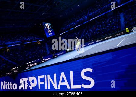 Turin, Italy. 19 November 2023. Carlos Alcaraz of Spain serves during the semi-final singles match against Novak Djokovic of Serbia during day seven of the Nitto ATP Finals. Novak Djokovic won 6-3, 6-2. Credit: Nicolò Campo/Alamy Live News Stock Photo