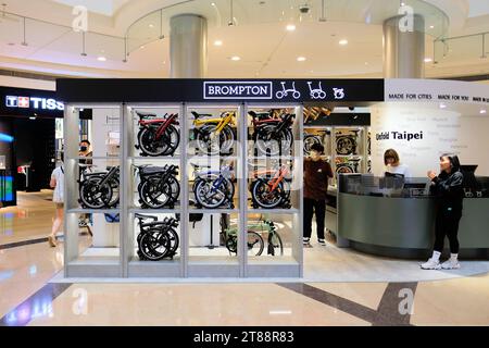 Brompton folding bicycle shop inside Taipei 101 Shopping Mall in Taipei, Taiwan; British products exported abroad. Stock Photo