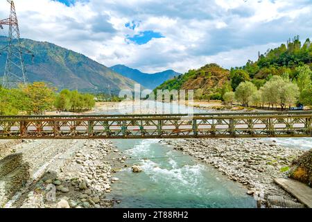 Sind river flowing through the Manigam wayil bridge in Srinagar-Leh National Highway in Ganderbal district of central Kashmir. Stock Photo