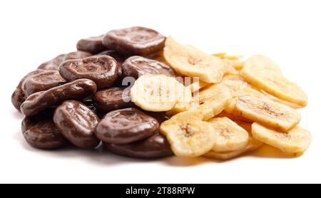 Sweet Chocolate Covered Banana Chips and Original Banana Chips Isolated on a White Background Stock Photo