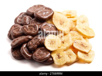 Sweet Chocolate Covered Banana Chips and Original Banana Chips Isolated on a White Background Stock Photo