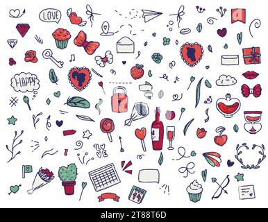 doodle set in color valentine's day. Illustrations for the holiday, large vector set. Stock Vector