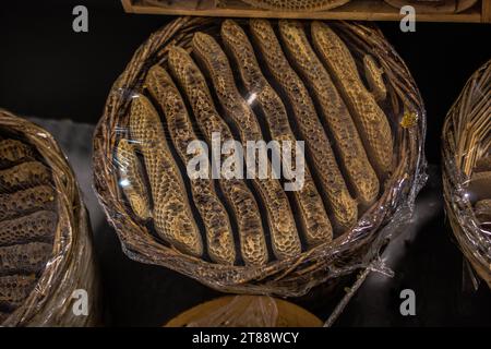 Honey in honeycomb from round beehive with sweet honey Stock Photo