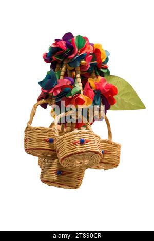 Empty wooden wicker basket isolated on white background. Handmade rustic basket container for shopping Stock Photo