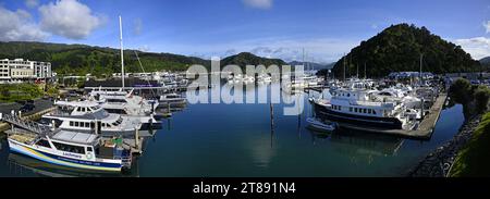 Picton, New Zealand - November 18, 2023; Picton Marina, Boats & Town Panorama. Early Morning in Spring, Marlborough Sounds, New Zealand. Stock Photo