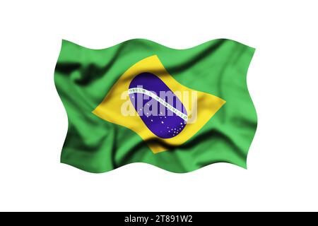 The flag of Brazil is waving in the wind on a white background. Clipping path included Stock Photo