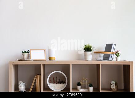 Wooden shelving unit with different houseplants and books near white wall Stock Photo