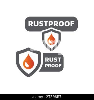 Rustproof with shield and water drop label. Rust proof vector tag. Stock Vector