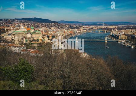One of the most beautiful view from the citadel with Chain bridge over the Danube river and beautiful waterfront buildings, Budapest, Hungary, Europe Stock Photo