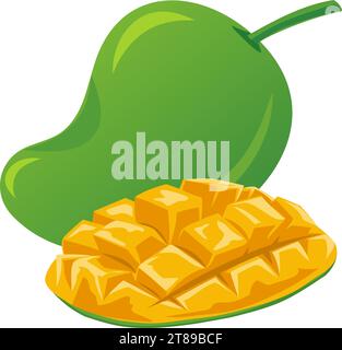 Mango Whole Pieces and Cubes Slice Chpped Flat Design Illustration Stock Vector