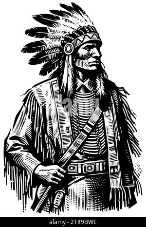 Linocut style illustration of Native American chief in traditional attire with feathered headdress. Stock Vector