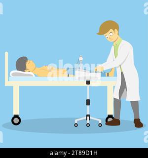 The doctor is conducting an electrocardiogram on the patient. ECG is used to diagnose heart conditions such as arrhythmia and chest pain. Stock Vector