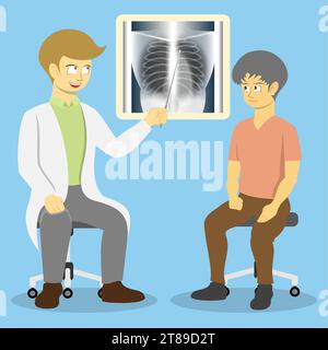The doctor is explaining the X-ray results to the patient. X-rays are used to diagnose diseases and monitor the effectiveness of treatments. Stock Vector