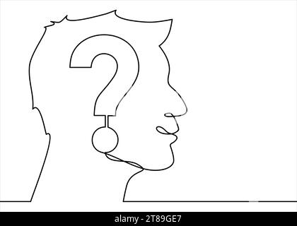 Concept of confused feelings in one continuous line drawing. Human head with question mark inside in simple linear style. Doodle Vector illustration f Stock Vector