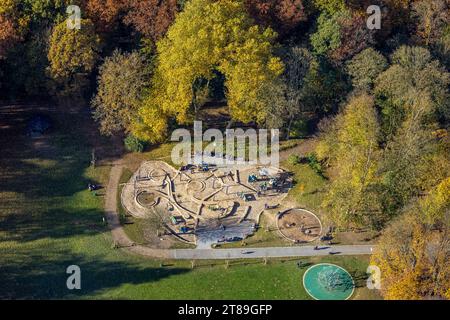 Aerial view, children's playground with water games on a meadow in the Hohenstein recreation area, Witten, Ruhr area, North Rhine-Westphalia, Germany Stock Photo