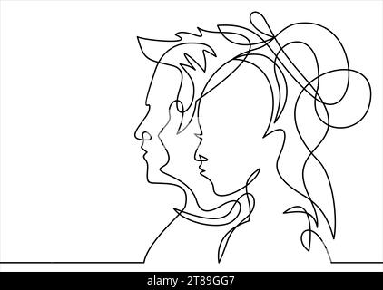 Continuous line drawing. Man and Woman silhouettes in love . Vector illustration Stock Vector