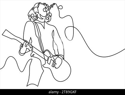 rock star singing with guitara and micorphone-continuous line drawing Stock Vector