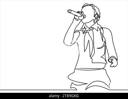 singing woman with microphone in hands vector illustration. musical band vocalist.continuous line drawing Stock Vector