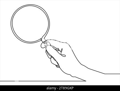 Holding magnifying glass line icon- continuous line drawing Stock Vector