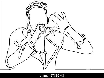 Male Singer singing passionately on stage in to microphone - Illustration- continuous line drawing Stock Vector