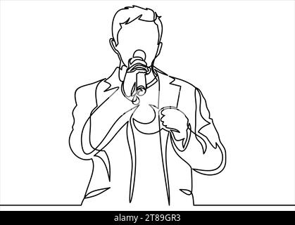 Business conference, business meeting. Man at rostrum in front of audience. Public speaker giving a talk at conference hall- continuous line drawing Stock Vector