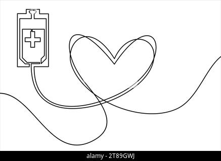 A blood donation bag with tube shaped as a heart- continuous line drawing Stock Vector