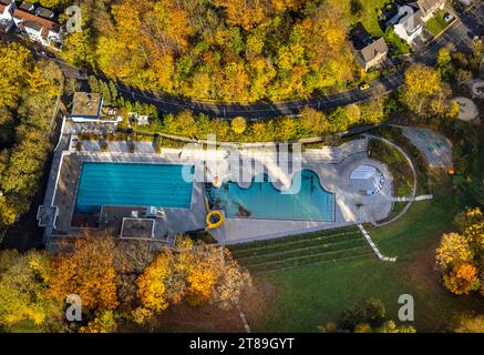 Aerial view, outdoor swimming pool Annen with water slide and deciduous trees in autumn colors, Annen, Witten, Ruhr area, North Rhine-Westphalia, Germ Stock Photo