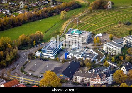 Aerial view, Netto supermarket and Dr. Spang Ingenieurgesellschaft with new construction site, Goethestraße corner Rosi-Wolfstein-Straße, Annen, Witte Stock Photo