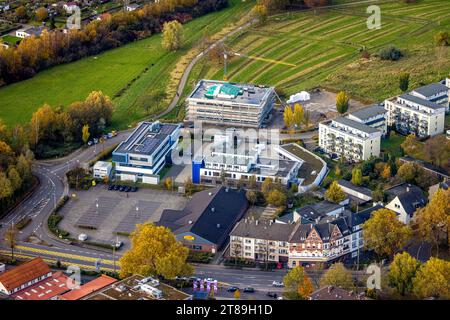 Aerial view, Netto supermarket and Dr. Spang Ingenieurgesellschaft with new construction site, Goethestraße corner Rosi-Wolfstein-Straße, Annen, Witte Stock Photo