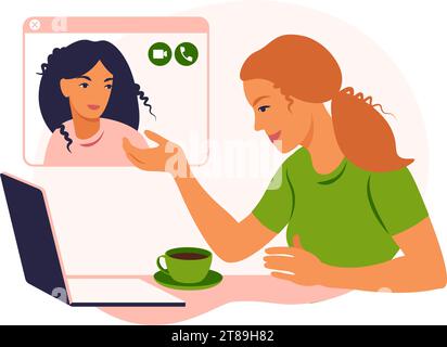 Girl friends chat online. Girl sitting in a chair in front of a laptop and speaks with friend. Video conference, online chat concept. Working or Stock Vector