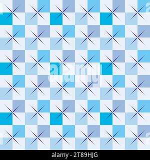 Checker board, star shape abstract seamless pattern. Decorative geometrical square grid. Blue tones colour palette. Graphical ornamental background Stock Vector