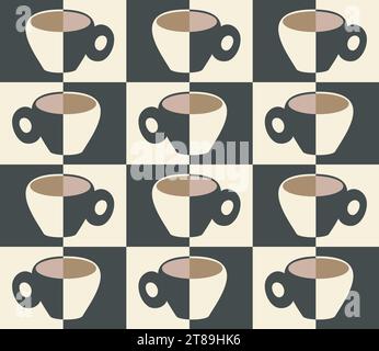 Coffee cup checkerboard abstract seamless pattern. Stylish monochrome geometrical grid. Black white, beige brown vintage colours palette. Vector Stock Vector