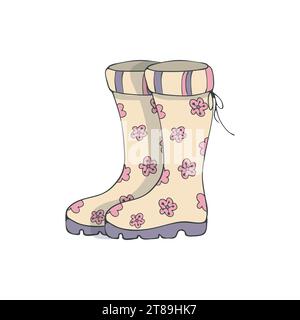 Rain Boots for Spring Garden works, cute coloured clipart. Cartoon doodle style. Hand drawn ink brush line, black contour strokes illustration. White Stock Vector
