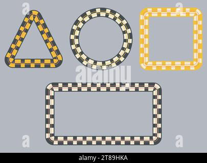 Checkered frames set. Square, circle, triangle, rectangle geometric shapes background. Black, white cream, yellow editable colours, red stripe line Stock Vector