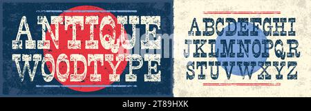 Bold, Slab Serif Letterpress Font with ink traps and a rough rolled ink texture. Unique design font. Stock Vector