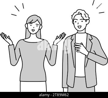 English conversation, Japanese woman speaking English with a white man, Vector Illustration Stock Vector