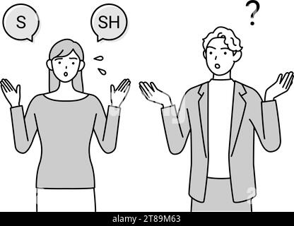 English Conversation, Japanese Woman Struggles with English Pronunciation of 'l' and 'r' for Caucasian Men, Vector Illustration Stock Vector