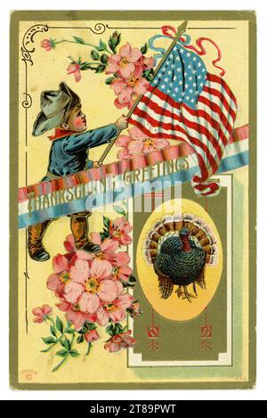 Original and charming embossed postcard of American thanksgiving day turkey, stars & stripes, soldier, posted Nov 23 1910, USA. Stock Photo
