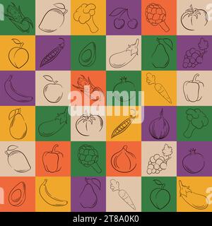Fruit and vegetable geometric seamless pattern. Food background in line art, hand drawn style. Fruits and vegetables arranged in square. Vector Stock Vector