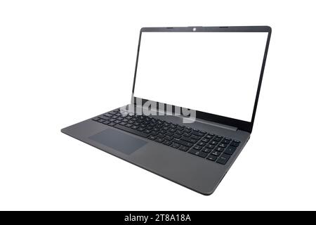 Modern slim gray laptop with blank screen (close-up) isolated on white background. Modern information technologies Stock Photo
