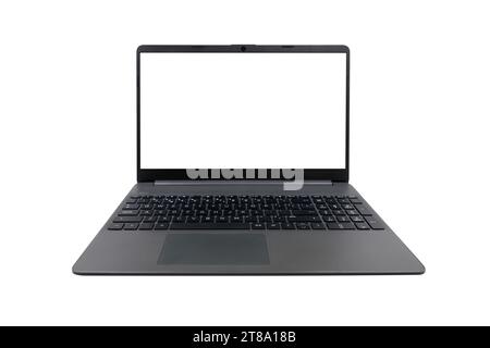 Modern slim gray laptop with blank screen (close-up) isolated on white background. Modern information technologies Stock Photo
