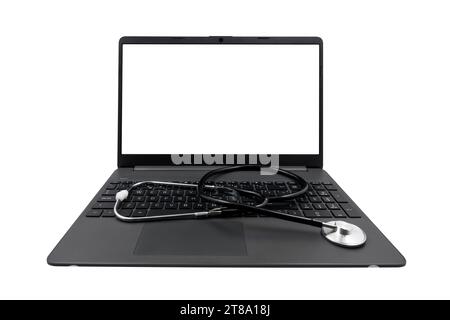 Laptop with blank screen and medical stethoscope isolated on white background. Medical consultation concept Stock Photo