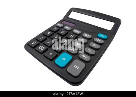 Top view of digital calculator with blank screen (close-up) isolated on white background. Arithmetic device Stock Photo