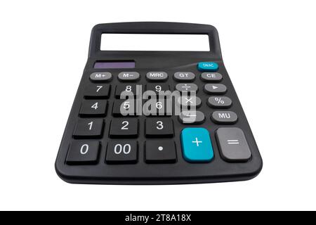 Top view of digital calculator with blank screen (close-up) isolated on white background. Arithmetic device Stock Photo
