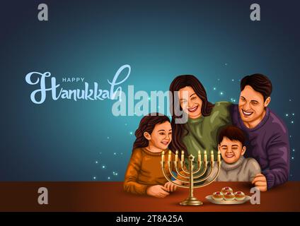 Happy family celebrating Hannukah festival at home. creative abstract illustration digital painting. Stock Vector