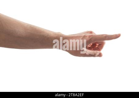 Man hand pointing with left index finger isolated on white background Stock Photo
