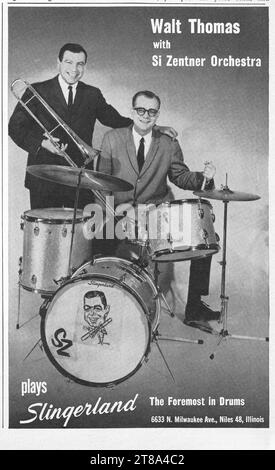 An Slingerland drums advertisement from a 1960s music magazine featuring bandleader Si Zentner and his drummer, Walt Thomas. Stock Photo