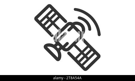 Artificial satelite in orbit around earth. Flat style. On white background. Thin line. Stock Vector